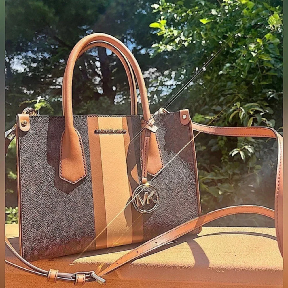 Michael Kors Signature Stripe Tote Brown Luggage Crossbody Satchel NWT